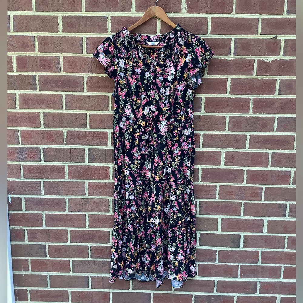Time and Tru Floral Midi Dress Tie Waist Black Pink Ruffle Hem M 8-10
